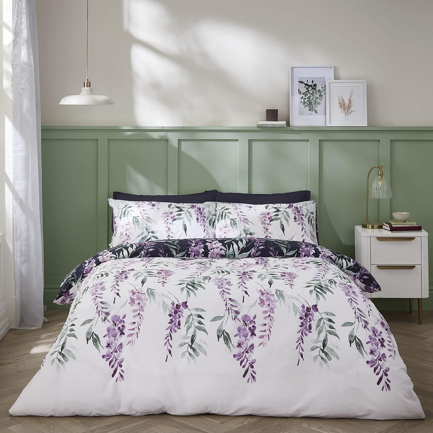 Catherine Lansfield Wisteria Floral Duvet Cover Quilt Bedding Set Navy Double