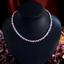 Charming Pink White CZ Heart Tennis Charm Wedding Choker Necklace for Brides