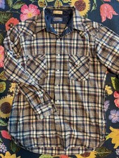 Pendleton Wool Flannel Shirt Medium Blue Brown Plaid Made in USA