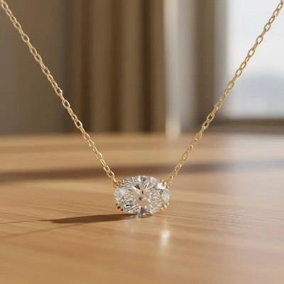 Oval Cut lab Created Diamond Solitaire Pendant Necklace 14K Yellow Gold Plated