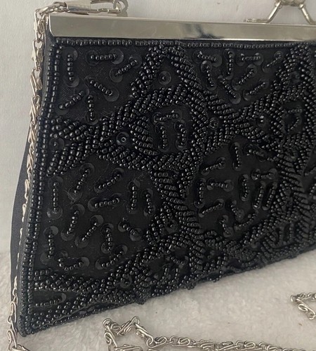 Black Beaded Kisslock Elegant Evening Shoulder Bag Convertible Clutch Vintage - Picture 3 of 11