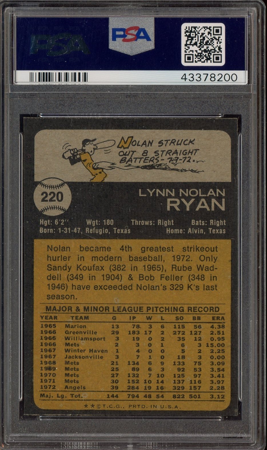 1973 Topps #220 Nolan Ryan Angels HOF PSA 7 NM view 2