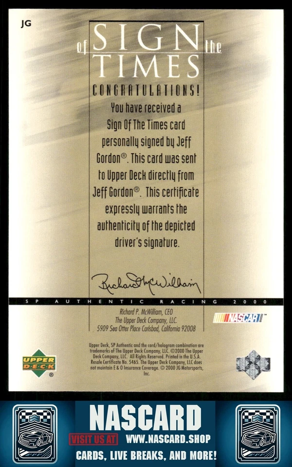 2000 SP Authentic #JG Jeff Gordon Sign of the Times - Image 2 of 2