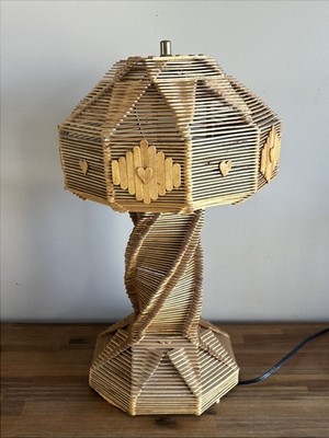 Vintage Popsicle Stick Table Lamp Large Boho Folk Art Tramp Art Hearts