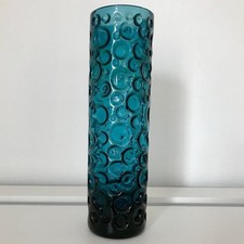 Vase Hirschberg Glas petrolfarben röhrenförmig Bubble 60er  Mid-Century