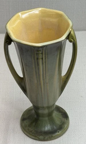 Vintage Roseville Pottery of Ohio Russco  Green Art Deco Ceramic Vase, 8.5” Tall