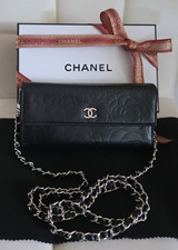 Authenticated CHANEL Black Lambskin Camellia Embossed Wallet Customized