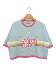 BALMAIN x Barbie Cropped Cotton T-shirt Blue M Logo Front Seamless Casual