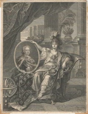 1744 French Engraved Portrait Print of King Louis XV & Minerva After Le Brun