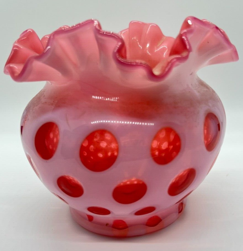 Fenton Pink Cranberry Glass Coin Dot Ruffle Flower Vase Bowl 5" VTG Fixed Read - Picture 2 of 6