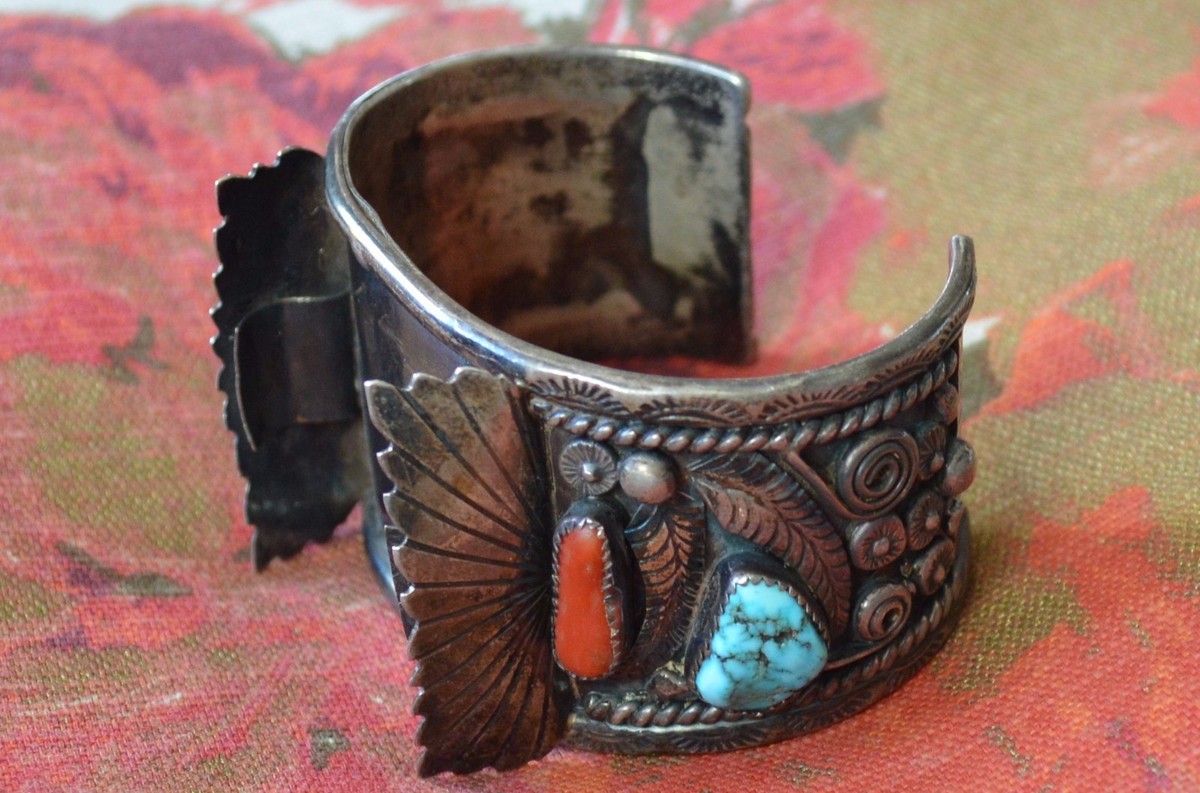 NAVAJO SIGNED J. TOADLENA STERLING SILVER CORAL TURQUOISE CUFF