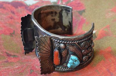 NAVAJO SIGNED J. TOADLENA STERLING SILVER CORAL TURQUOISE CUFF