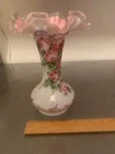 Beautiful Fenton White over Pink Glass Vase with Hand Painted Roses - AOx