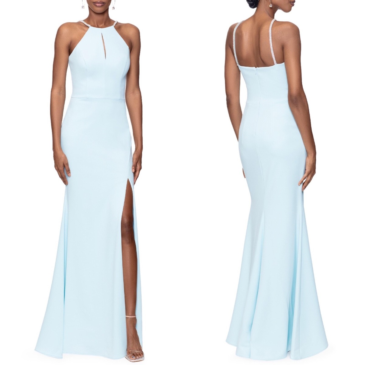 NEW XSCAPE Aqua KYHLE Rhinestone Trim Strap KEYHOLE Evening Dress