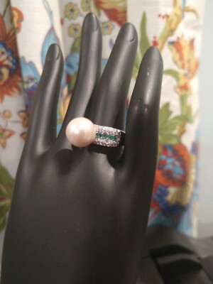 WHITE EDISON PEARL 11-12mm,EMERALDS/Camb.Zircon ring/ Rhod/SS,TCW=1.00, sz 7OR 8