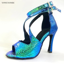 Latin Dance Shoes Cuban Heel PU Glitter Blue Latin Women Shoes Party Dance Shoes
