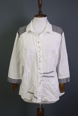 Elisa Cavaletti White Lagenlook 3/4 Sleeve Button Down Top Shirt Blouse