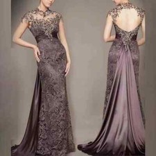 Gorgeous Lace High Collar Mother of the Bride Dresses Back Out Wedding PartyGown