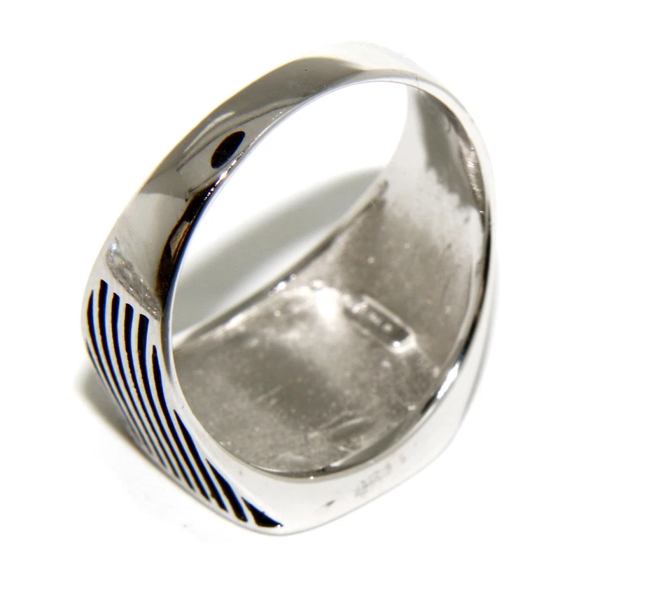 ANELLO UOMO ARGENTO 925 MASSICCIO SCUDO QUADRATO CHEVALIER MASSONICO NERO RIGATO - Immagine 3 di 4