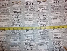 Tea Cup Saucer & Words Allover Cotton Fabric Hatters Tea Party Gray BHTY