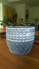 Vtg Blue White Textured Pottery Planter Bohemian Hippy Modern Farmhouse