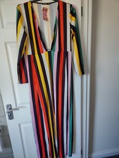 BNWT Boohoo Size 20 Maxi Dress Deep Plunge Stripe Colourful