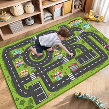 Road Rug for Kids, 2'7" x 3'11", Toy Car Play Mat x Green