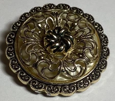 Vintage Scarf Clip Filigree Faux Mother of Pearl Signed W Germany Gold Tone