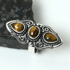Tiger Eye Gemstone Ethnic Handmade Ring Jewelry For Unisex US Size-9 AR 17943