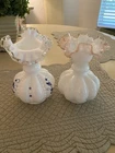 2 Fenton*SILVER CREST "ELIZABETH" BEADED MELON VASE & White Milk Pink Glass Vase