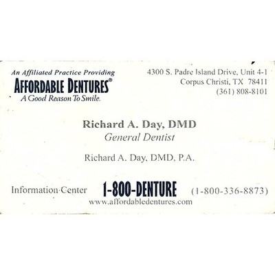 Affordable Dentures Richard A. Day Corpus Christi TX Business Card STK2-BC3-1