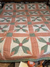 Peach Green Floral Homemade Queen/Full Size Quilt Cotton 72 x 86