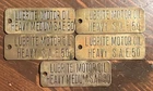 (5) Vintage Luberite Heavy Motor Oil Brass Gas Station Tags / Signs