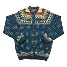 Vintage Viking Knit Sweater Mens Small Teal Norwegian Wool Cardigan Nordic 90s