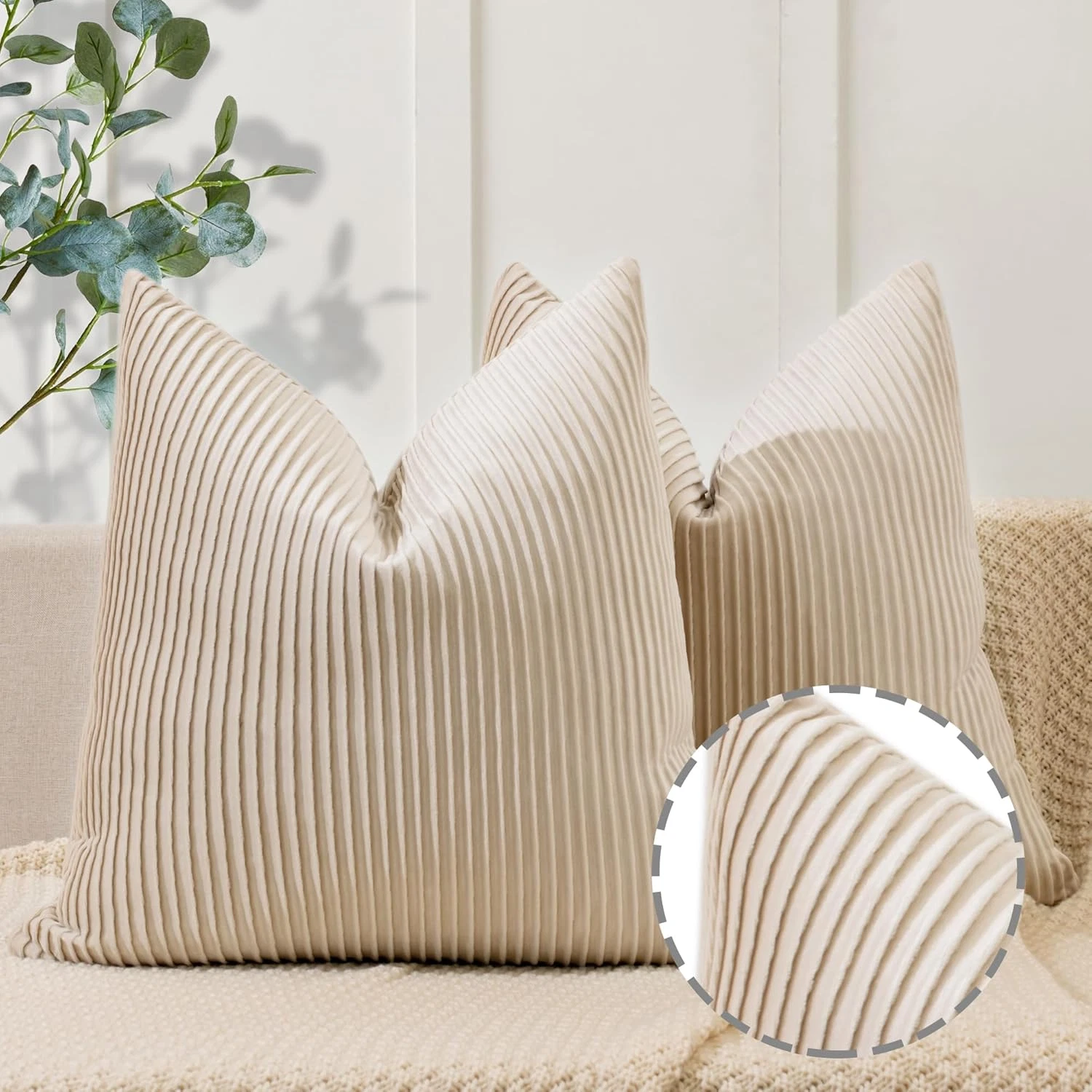 Beige Pillow Covers 18x18 Set of 2 Velvet Striped Pattern - Soft Throw Pillows f