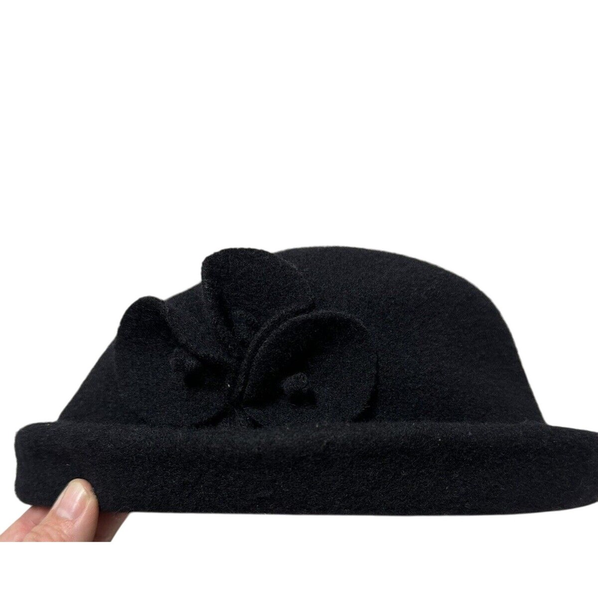 Elegant Black Wool Cloche Hat with Flower Accent 100% Wool Black Cloche Hat w/ Flower Accent | eBay main image 2