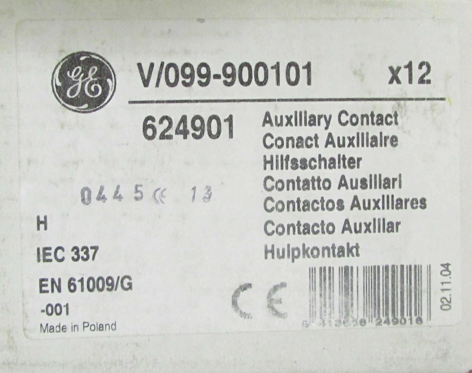 GENERAL ELECTRIC VAUX1 V/099 900101 5 Amp 1 NO 1 NC Auxiliary Contact 624901