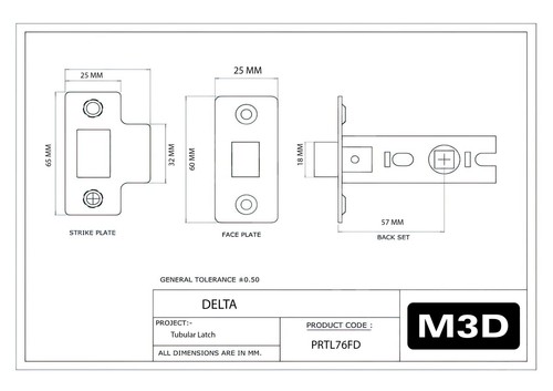 Plantilla de pestillo de carpintería M3D - PESTILLO TUBULAR DELTA PRTL76FD para puertas de 35/44 mm - Imagen 2 de 7