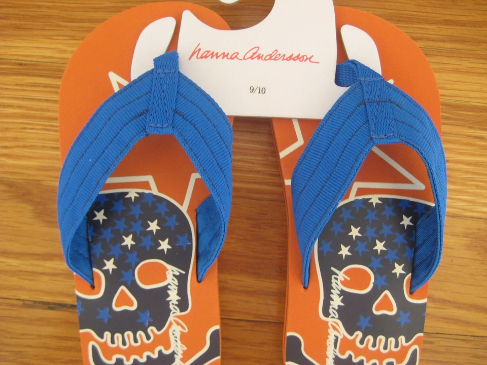 NUEVO CON ETIQUETAS Hanna Andersson Azul Naranja Pirata Chanclas 9 10 Rayas Sandalia Zapato NUEVO Foto 3 de 4