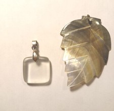 Handmade Frosted White Sea Glass Square Pendant  Abalone Carved Leaf Pendant