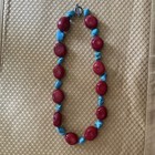 Vintage Natural Red Coral Turquoise Chunky Hand Knotted Silver Necklace 18” — photo 1