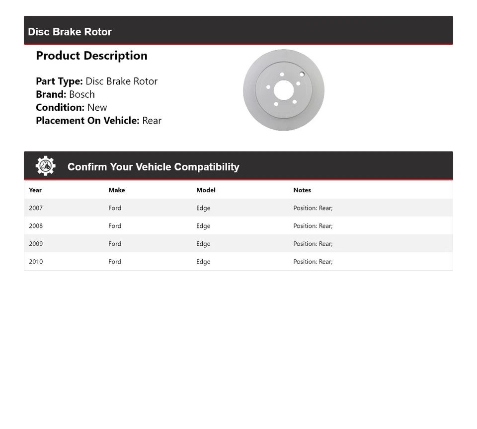 For 2007-2010 Ford Edge Bosch QuietCast Disc Brake Rotor Rear 2008 2009 - Image 2 of 4