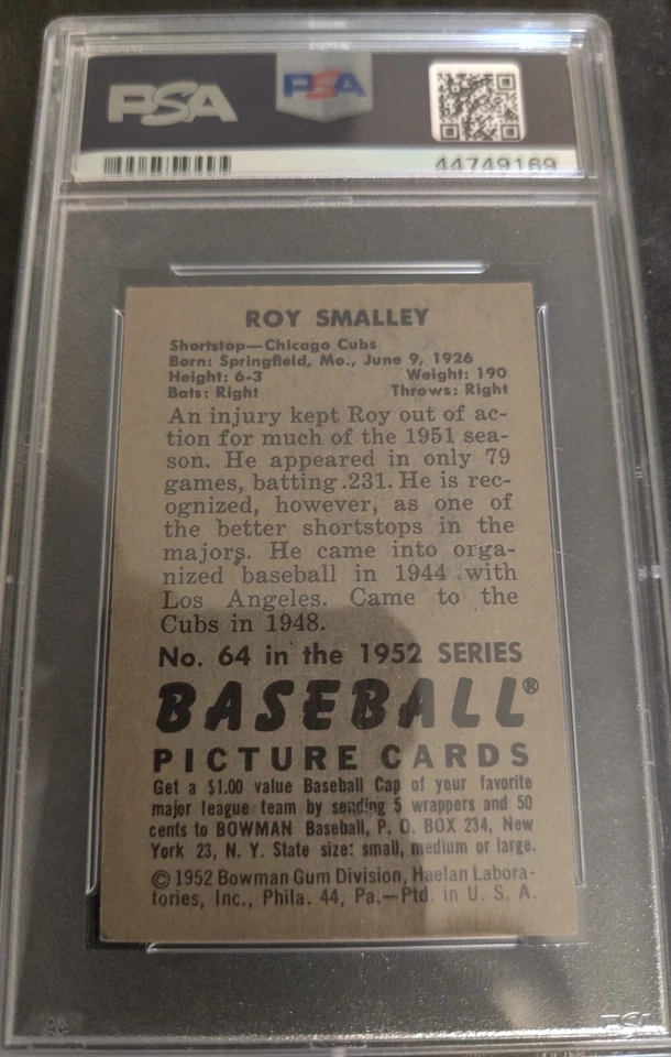 1952 Bowman #64 Roy Smalley III autografado PSA/DNA autêntico apenas POP 2 Chicago Cubs - Imagem 2 de 4