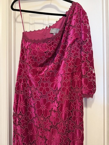 Theia Women's Magenta Pink Simone One-Sleeve Velvet Floral Lace Gown Size 14 - Picture 3 of 10