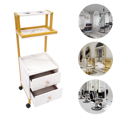 Two Storage Drawers Barber Cart W/4 Wheels Rolling Trolley Cart White And Gold