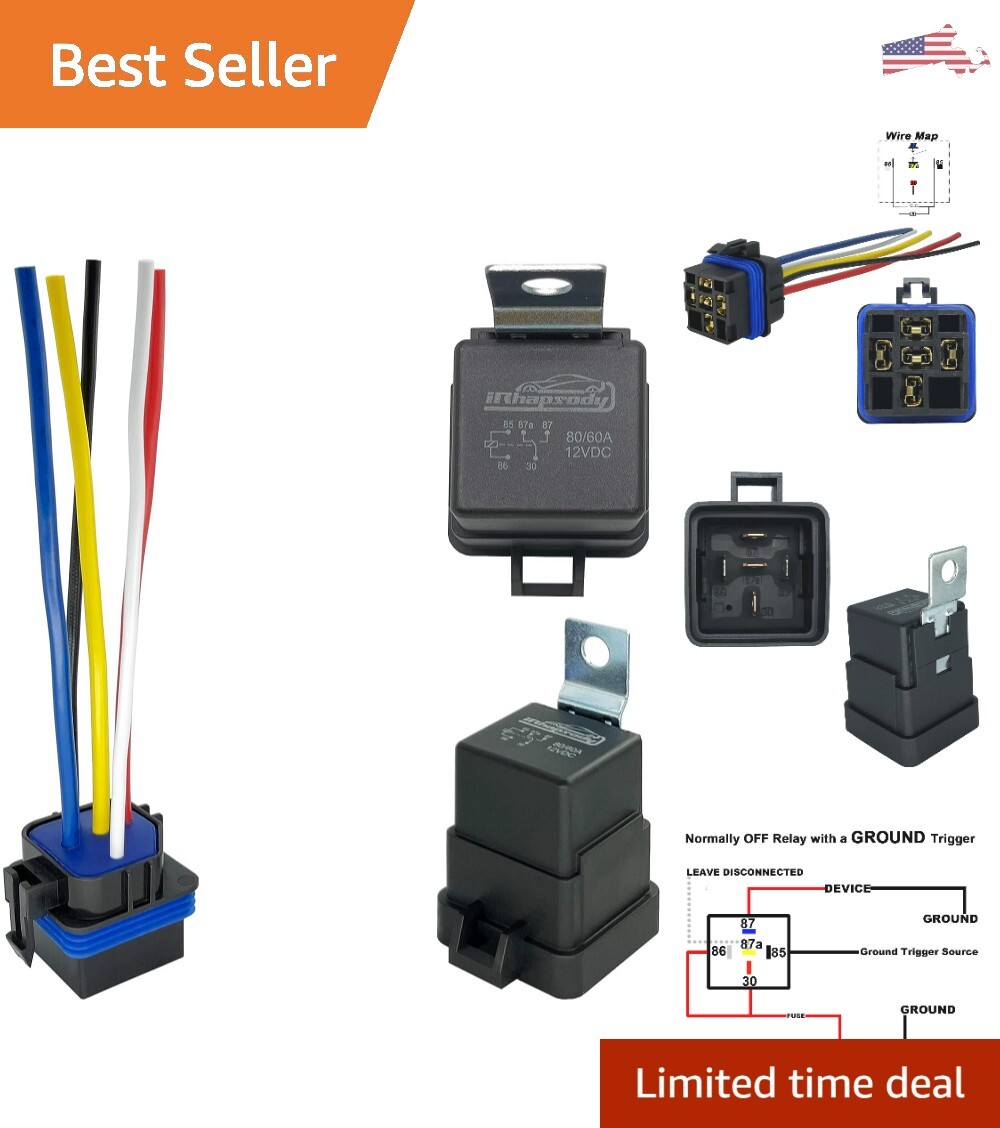 12V, 80/60A Waterproof Relay, 5 Pin Automotive, SPST 12-Volt Auto Relay