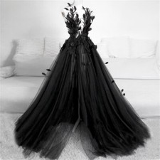 Gothic Black Wedding Dress With 3D Appliques Tulle A Line Sleeveless Bride Dress