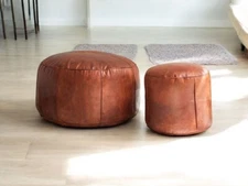 Stylich Handcrafted Ottoman Leather Bench, Round Leather Footstool | Unfilled