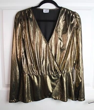 NWT Bloomingdale's Lini Alexandra Gold Lamé Surplice Wrap Peplum Top Tulip Hem M