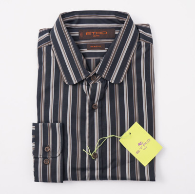 Etro Dark Teal Blue-Green Stripe Cotton Dress Shirt M (Eu 40) NWT